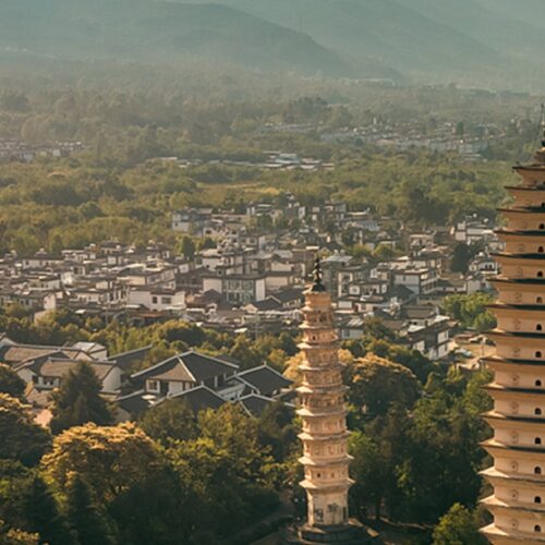 The Three Pagodas of Chongsheng Temple above the old town of Dali, Yunnan