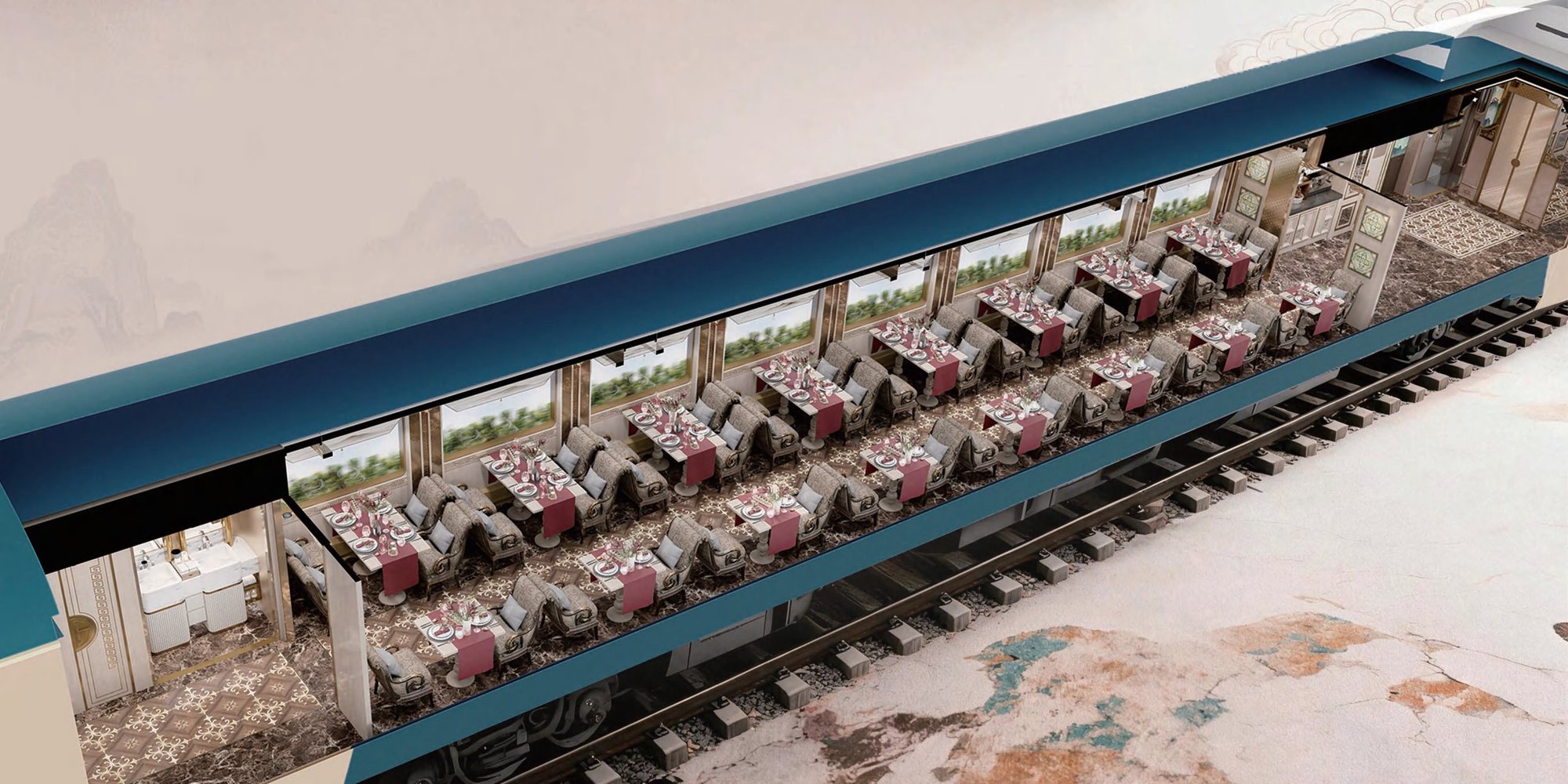 Cut-away drawing of the dining car 清欢 · 餐厅车厢 · China Express Travel Baiyun Express