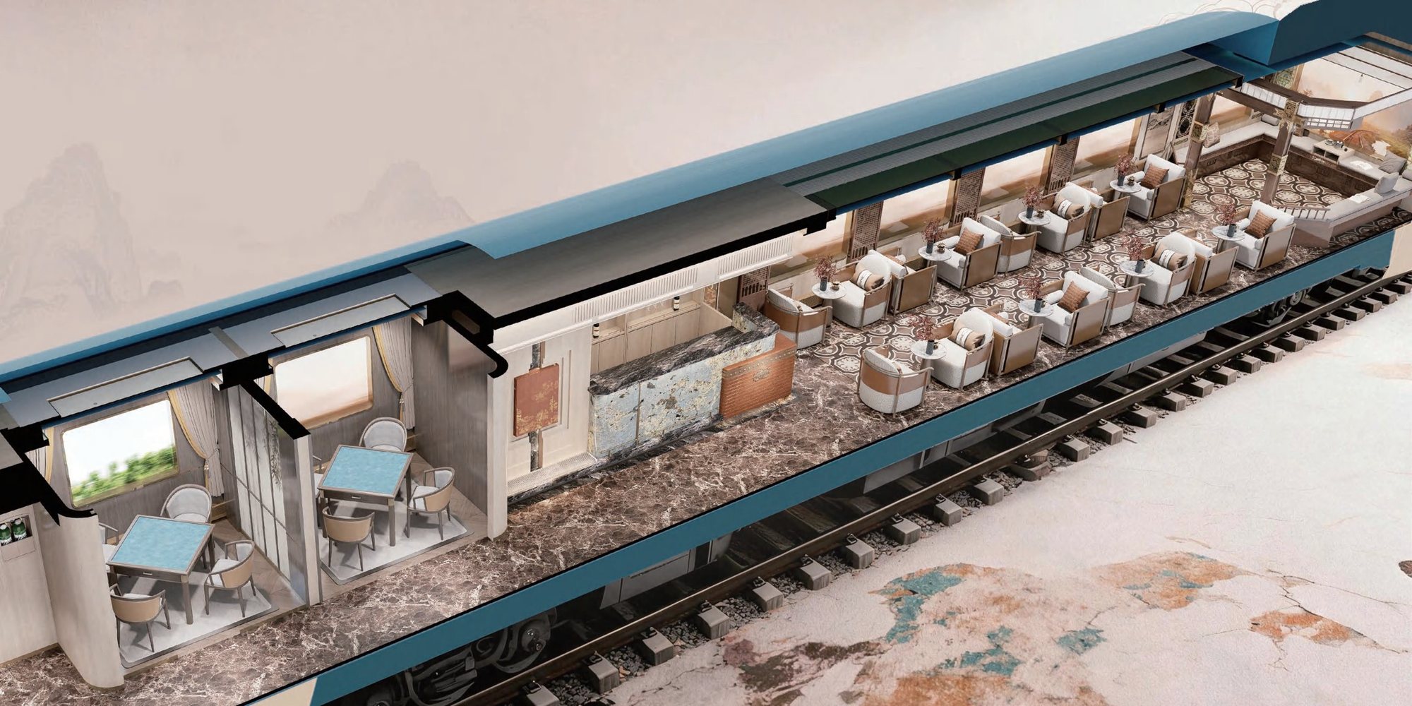 Cut-away drawing of the observation car 观澜 · 景观车厢 · China Express Travel Baiyun Express