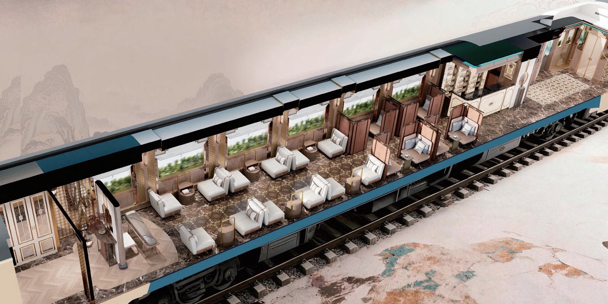 Cut-away drawing of the welcome car 闲庭 · 迎宾车厢 · China Express Travel Baiyun Express
