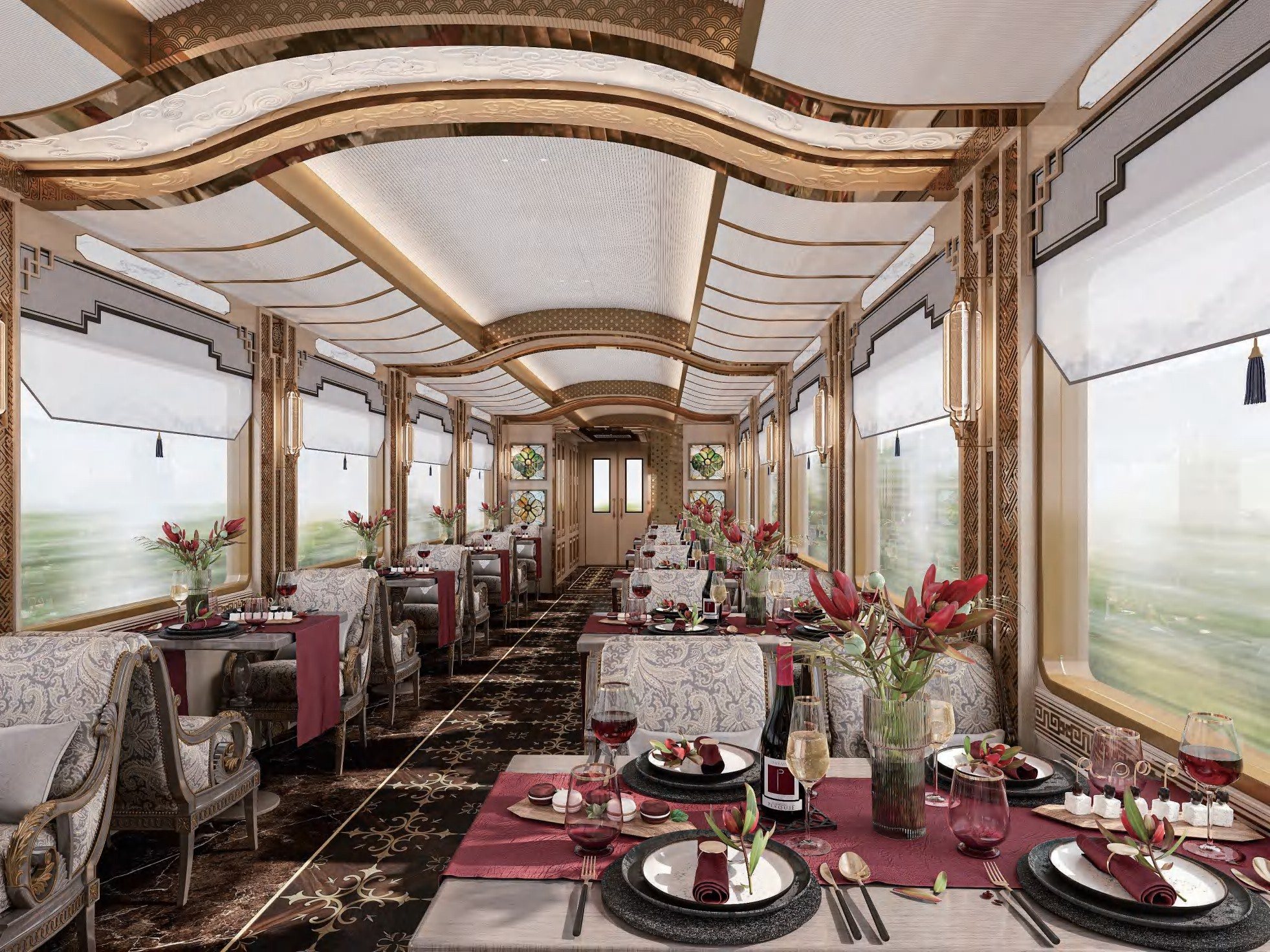 Qinghuan dining car laid for dinner 云宴·清欢餐车 · China Express Travel Baiyun Express