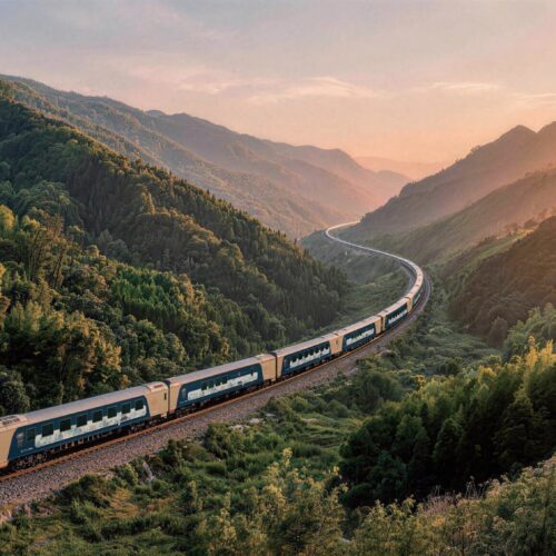 Baiyun Express train curving through green mountains at sunset 白云号列车穿行山间 · China Express Travel Baiyun Express