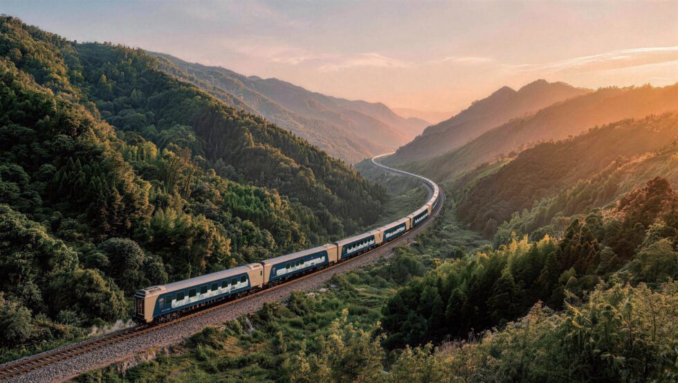 Baiyun Express curving through green mountains 白云号列车穿行山间