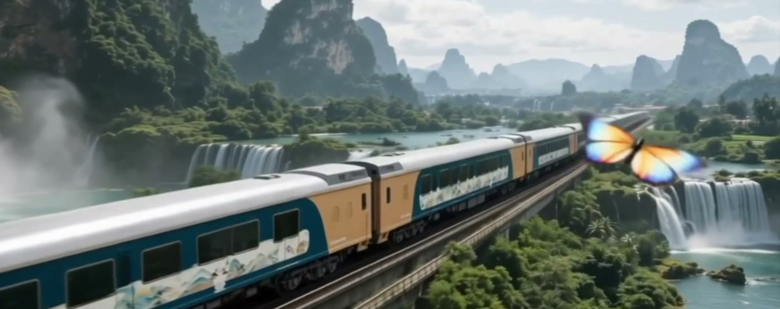 Baiyun Express crossing a viaduct among karst peaks and waterfalls 白云号驶过喀斯特山水 · China Express Travel Baiyun Express