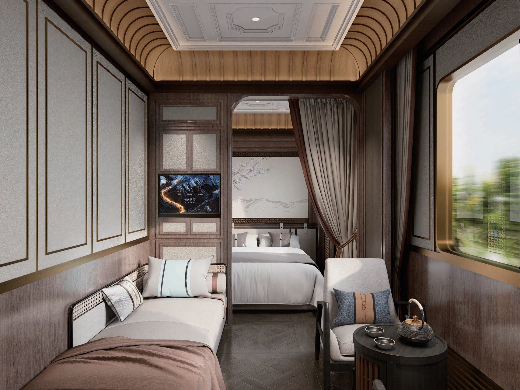 Lanyue cabin with twin beds and lounge corner 揽月客房 · China Express Travel Baiyun Express