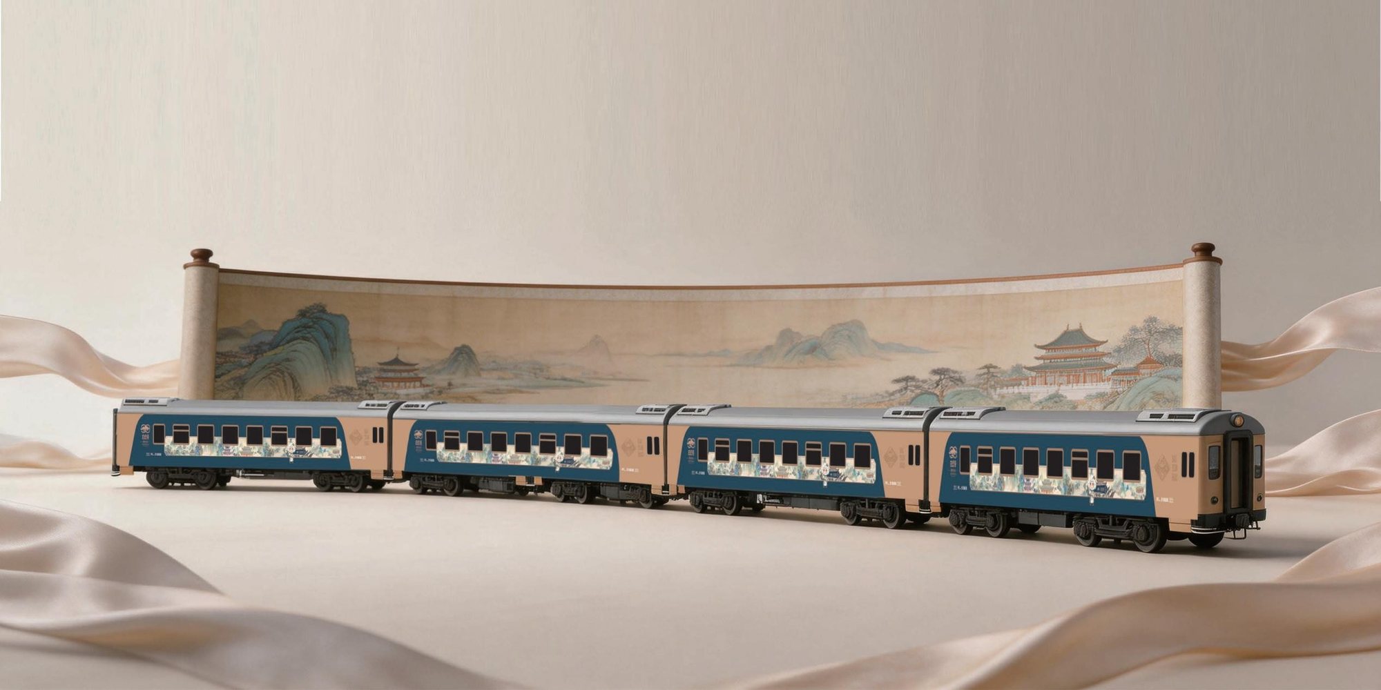 Model of the Baiyun Express before a painted landscape scroll 白云号列车与山水长卷 · China Express Travel