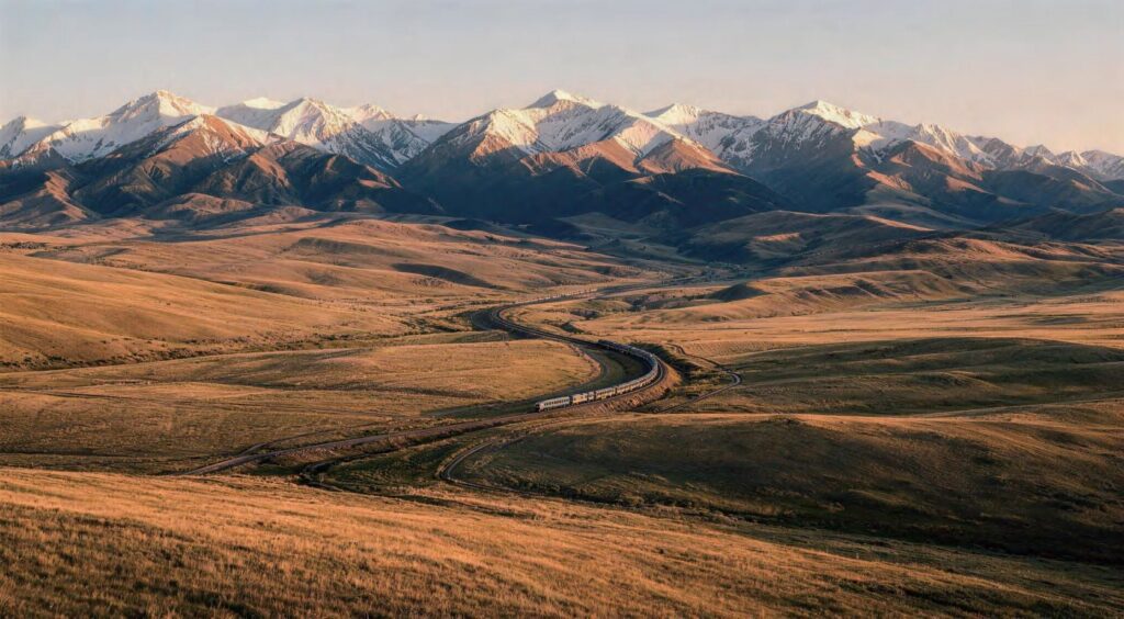 Train crossing the Xinjiang grassland below snow peaks 列车穿越新疆草原雪山 · China Express Travel Baiyun Express