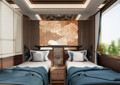 Twin beds in the Han-style cabin 汉风主题客房双床 · China Express Travel Golden Panda Express