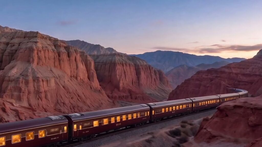 Golden Panda Express crossing a red canyon 锦绣东方号穿越丹霞峡谷 · China Express Travel Golden Panda Express