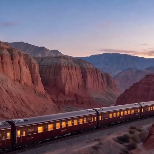 Golden Panda Express crossing a red canyon 锦绣东方号穿越丹霞峡谷 · China Express Travel Golden Panda Express