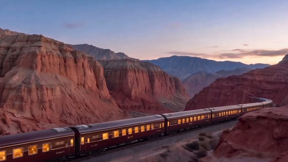 Golden Panda Express crossing a red canyon 锦绣东方号穿越丹霞峡谷