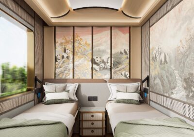 Twin beds in the Panda-themed cabin 熊猫主题客房双床 · China Express Travel Golden Panda Express