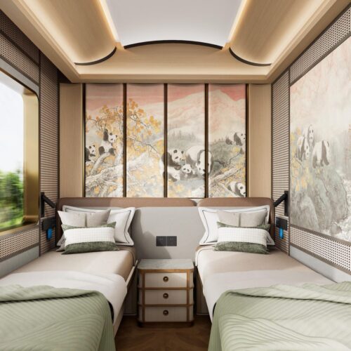 Twin beds in the Panda-themed cabin 熊猫主题客房双床 · China Express Travel Golden Panda Express