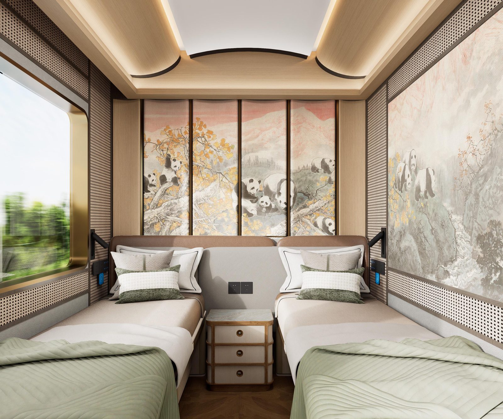 Twin beds in the Panda-themed cabin 熊猫主题客房双床 · China Express Travel Golden Panda Express