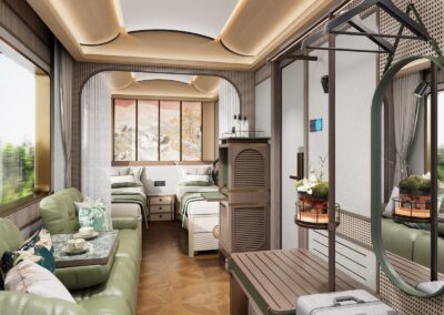 Sofa and tea table in the Panda-themed cabin 熊猫主题客房沙发 · China Express Travel Golden Panda Express