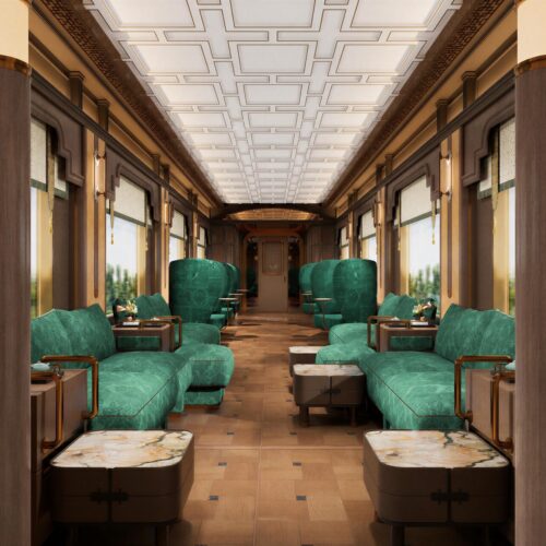 Welcome car lounge with jade velvet seats 雅·少城会客区 · China Express Travel Golden Panda Express