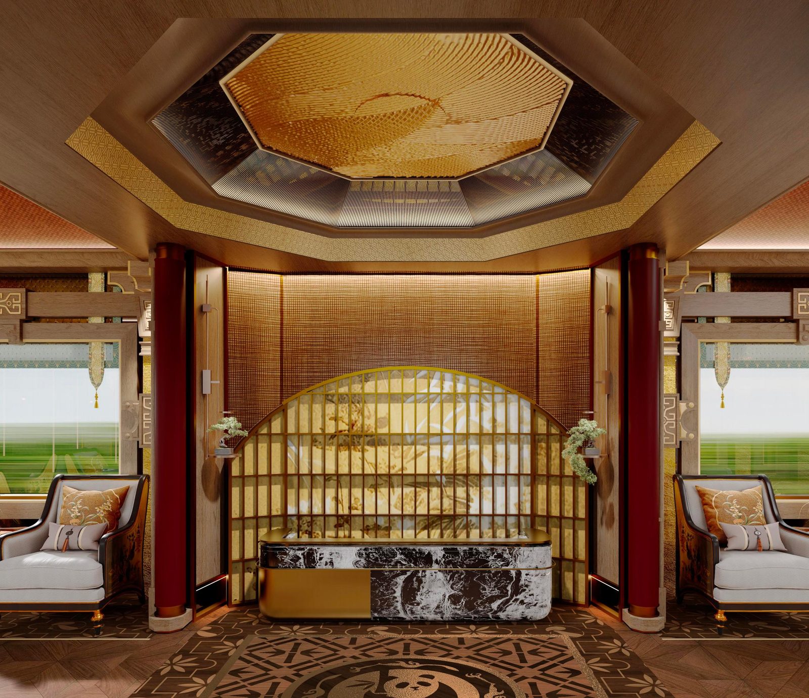 Octagonal gilded ceiling of the welcome hall 雅·少城迎宾大厅八角穹顶 · China Express Travel Golden Panda Express