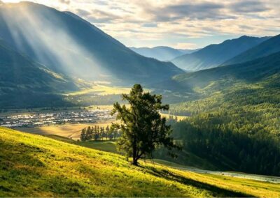 Hemu valley at sunrise 禾木河谷 · China Express Travel Golden Panda Express