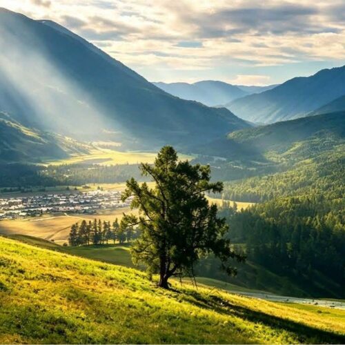 Hemu valley at sunrise 禾木河谷 · China Express Travel Golden Panda Express
