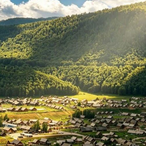 Hemu village from above 禾木村 · China Express Travel Golden Panda Express