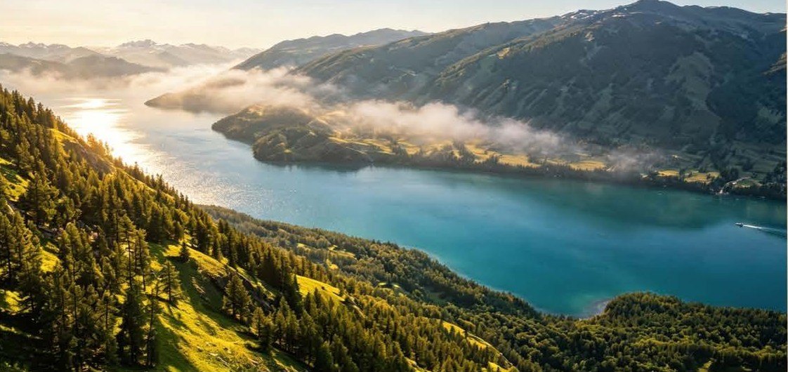 Kanas Lake in morning mist 喀纳斯湖晨雾 · China Express Travel Golden Panda Express