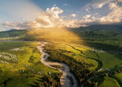 Nalati grassland river at dawn 那拉提草原 · China Express Travel Golden Panda Express