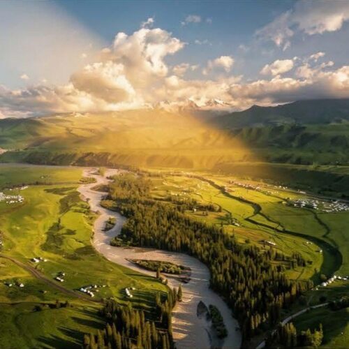 Nalati grassland river at dawn 那拉提草原 · China Express Travel Golden Panda Express