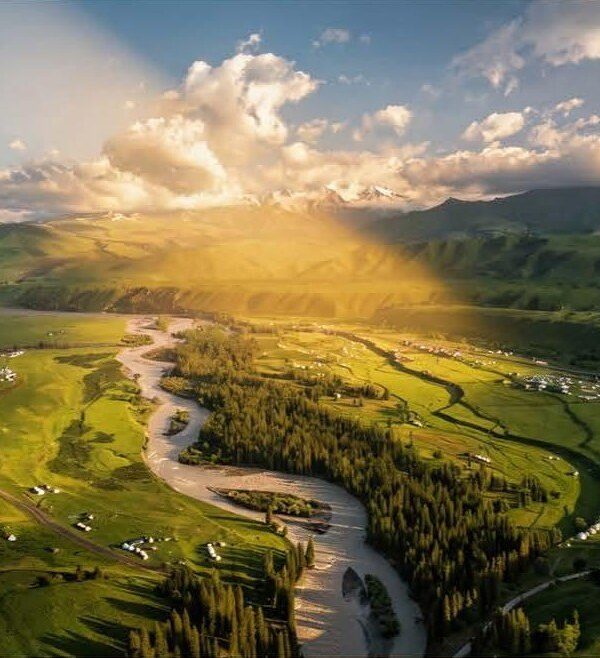 Nalati grassland river at dawn 那拉提草原 · China Express Travel Golden Panda Express