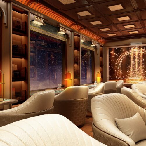 Yunque observation car by night 览·云阙演艺区（夜） · China Express Travel Golden Panda Express