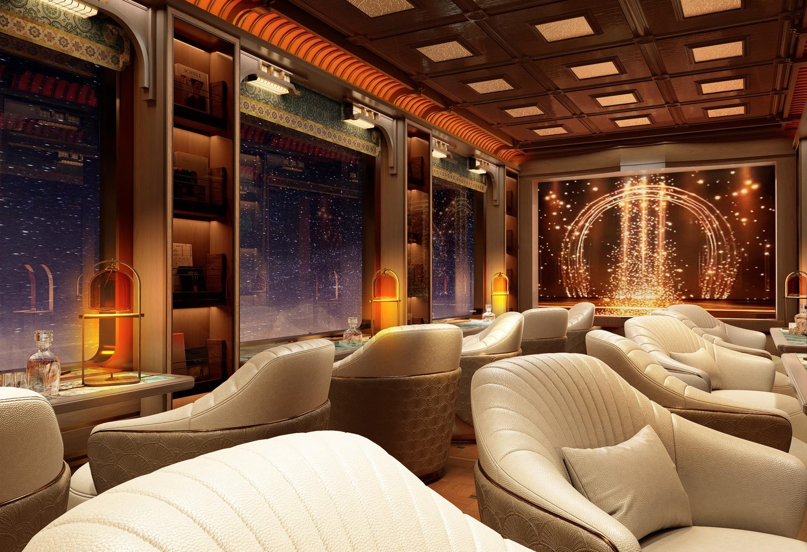 Yunque observation car by night 览·云阙演艺区（夜） · China Express Travel Golden Panda Express